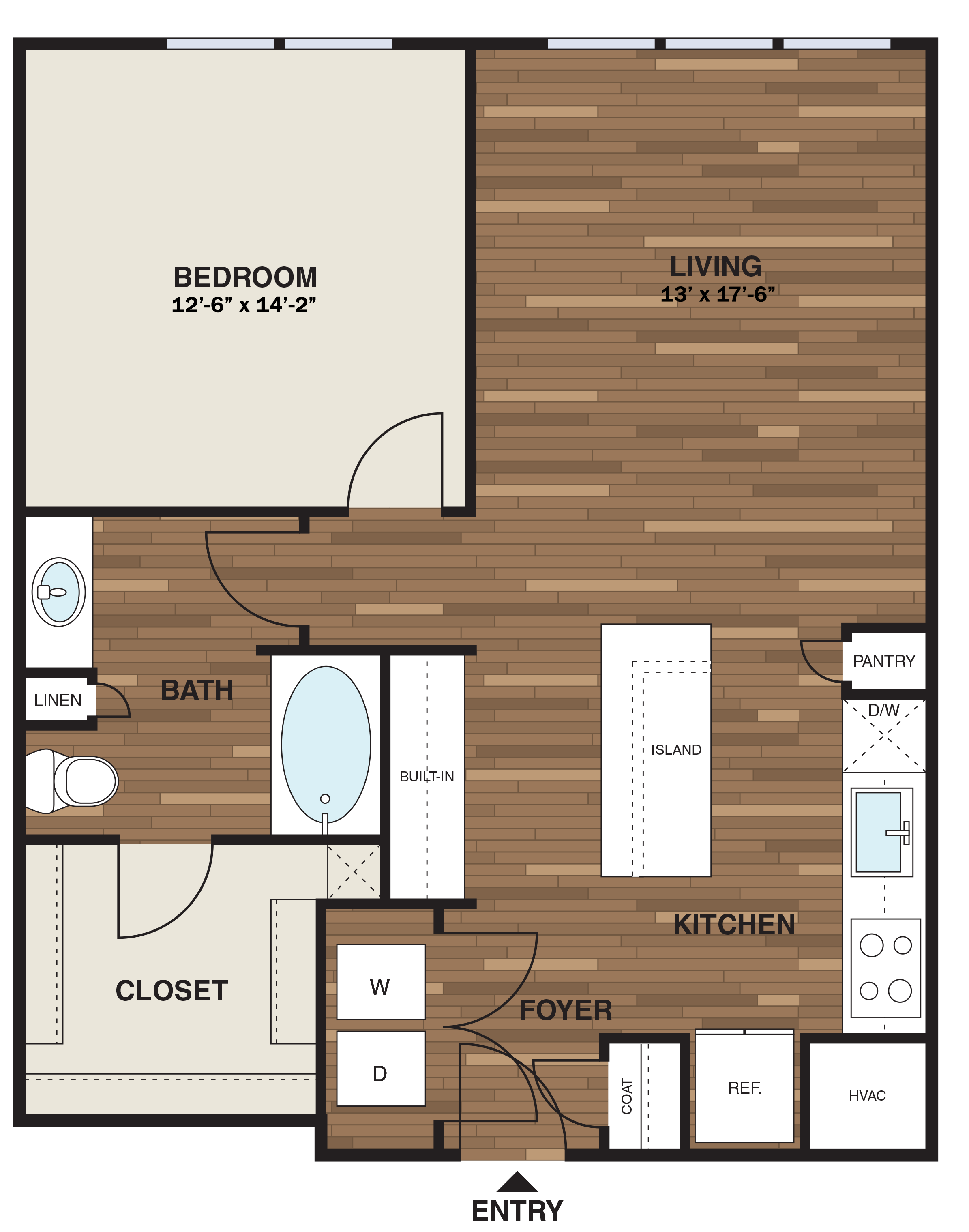 Floor plan for 1 bed, 1 bath, 863 sqft