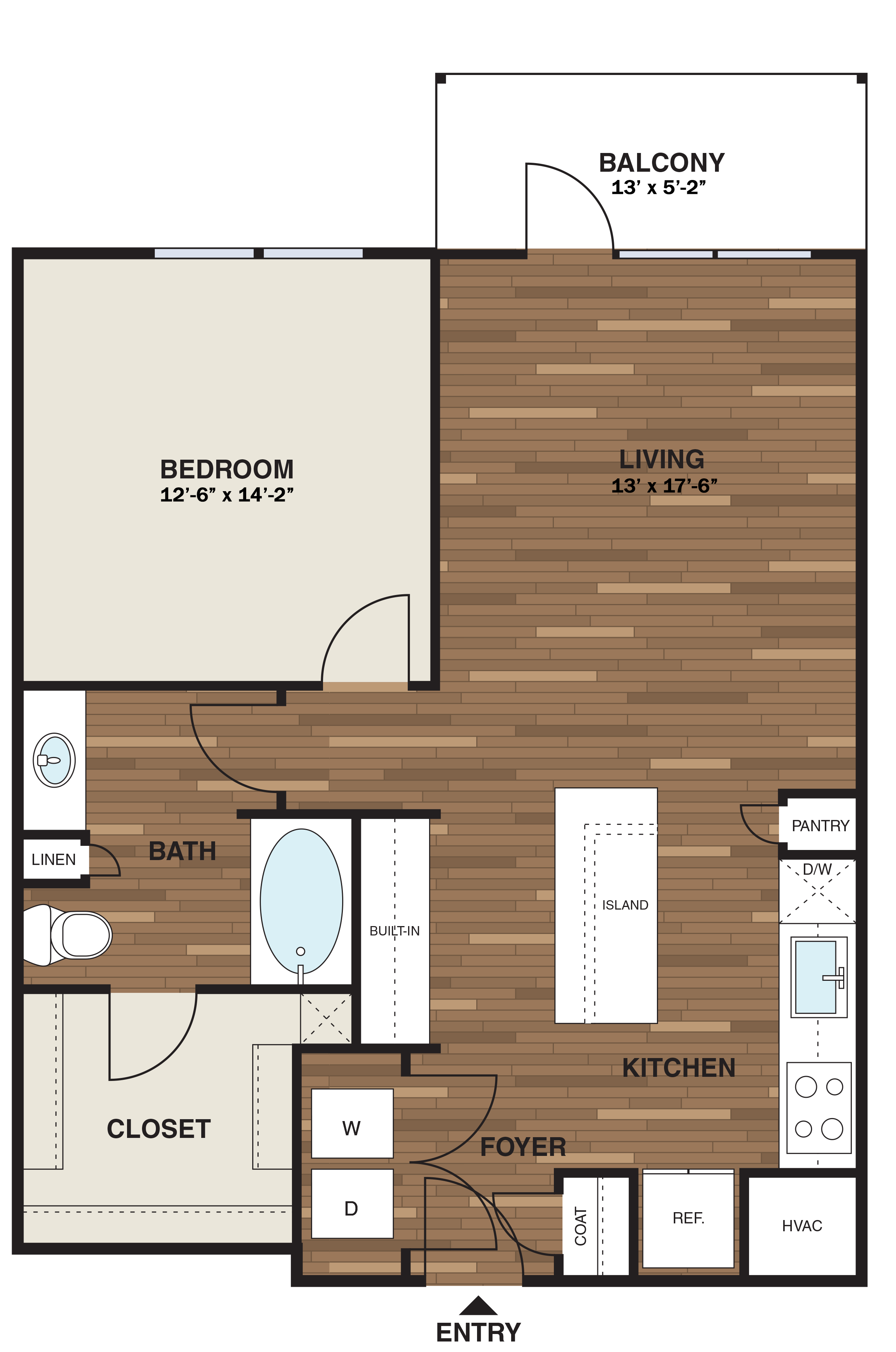 Floor plan for 1 bed, 1 bath, 864 sqft