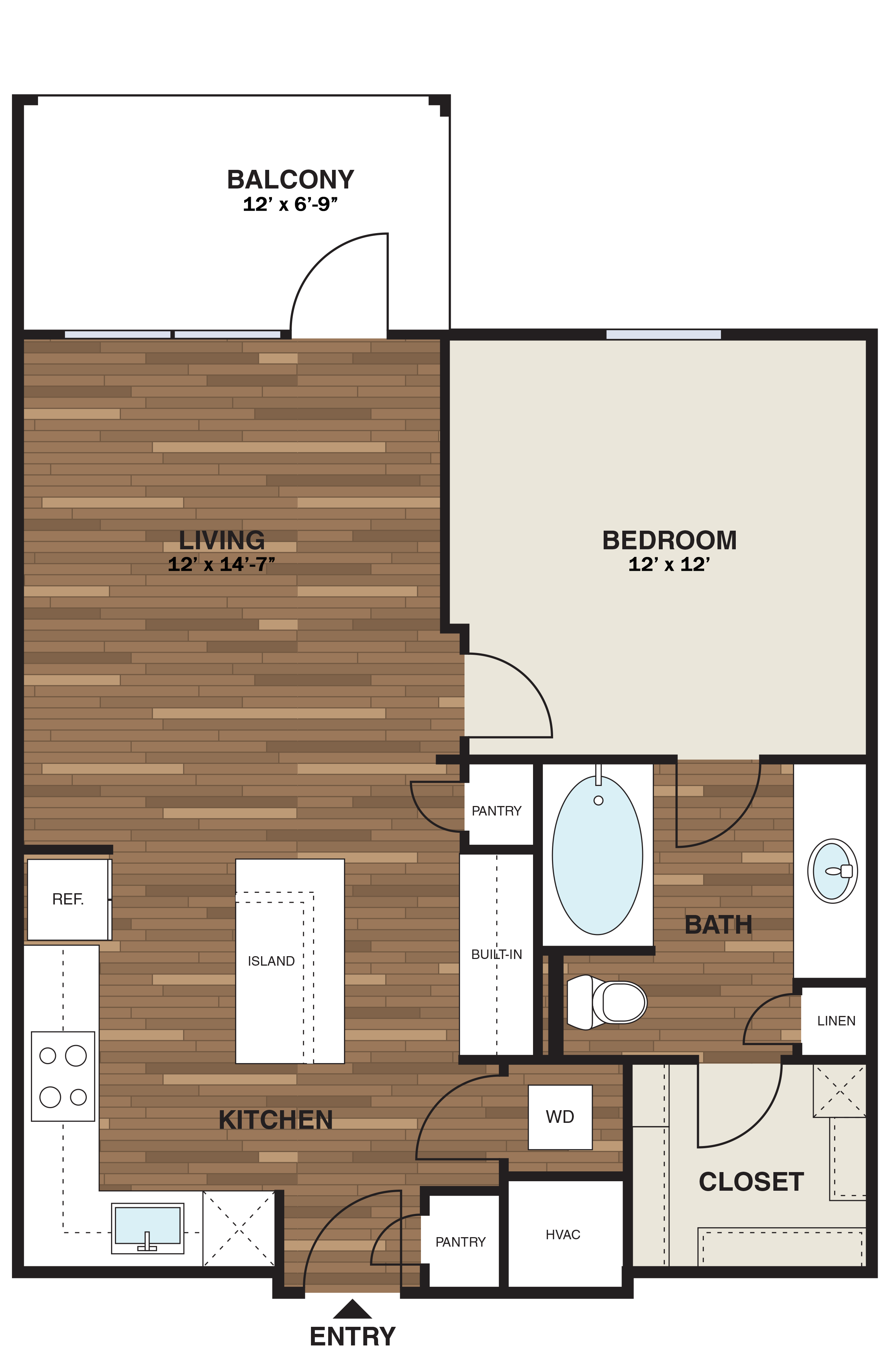 Floor plan for 1 bed, 1 bath, 693 sqft