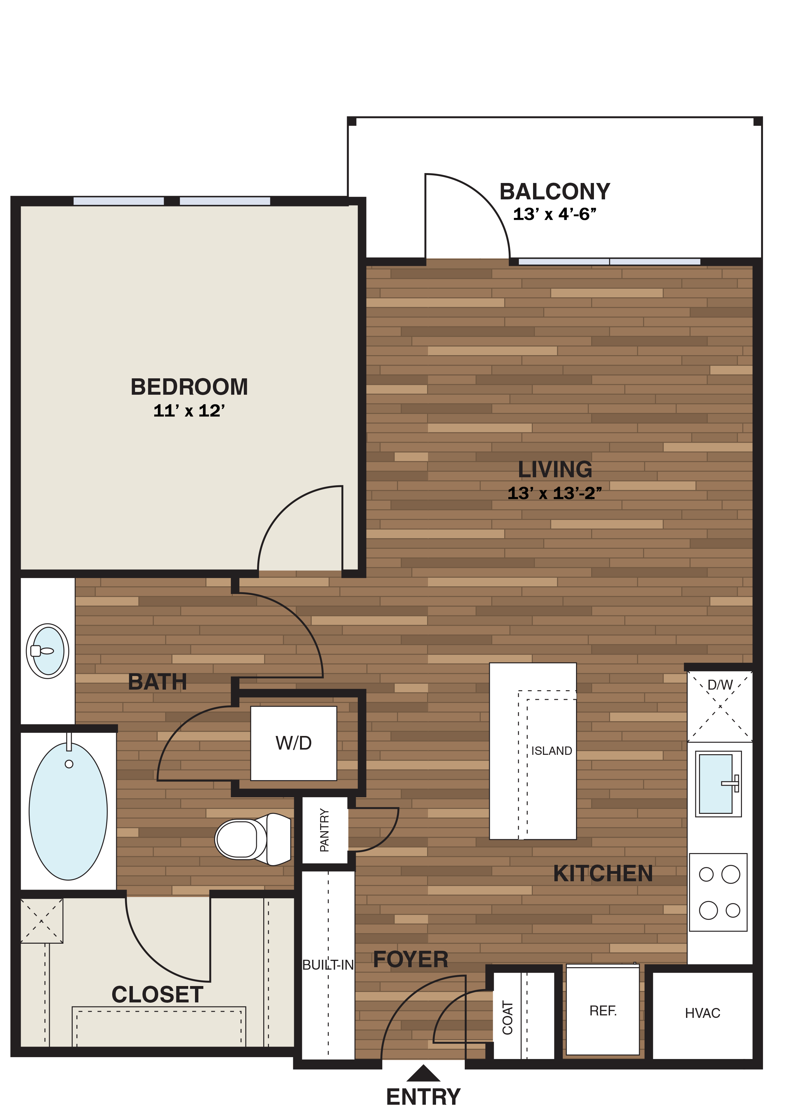 Floor plan for 1 bed, 1 bath, 695 sqft