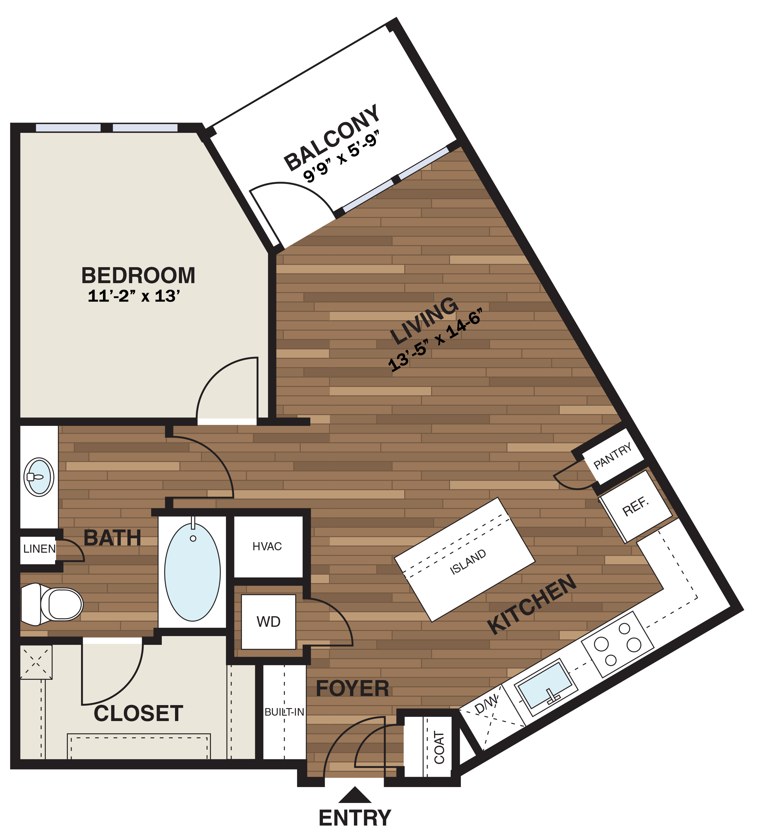 Floor plan for 1 bed, 1 bath, 740 sqft