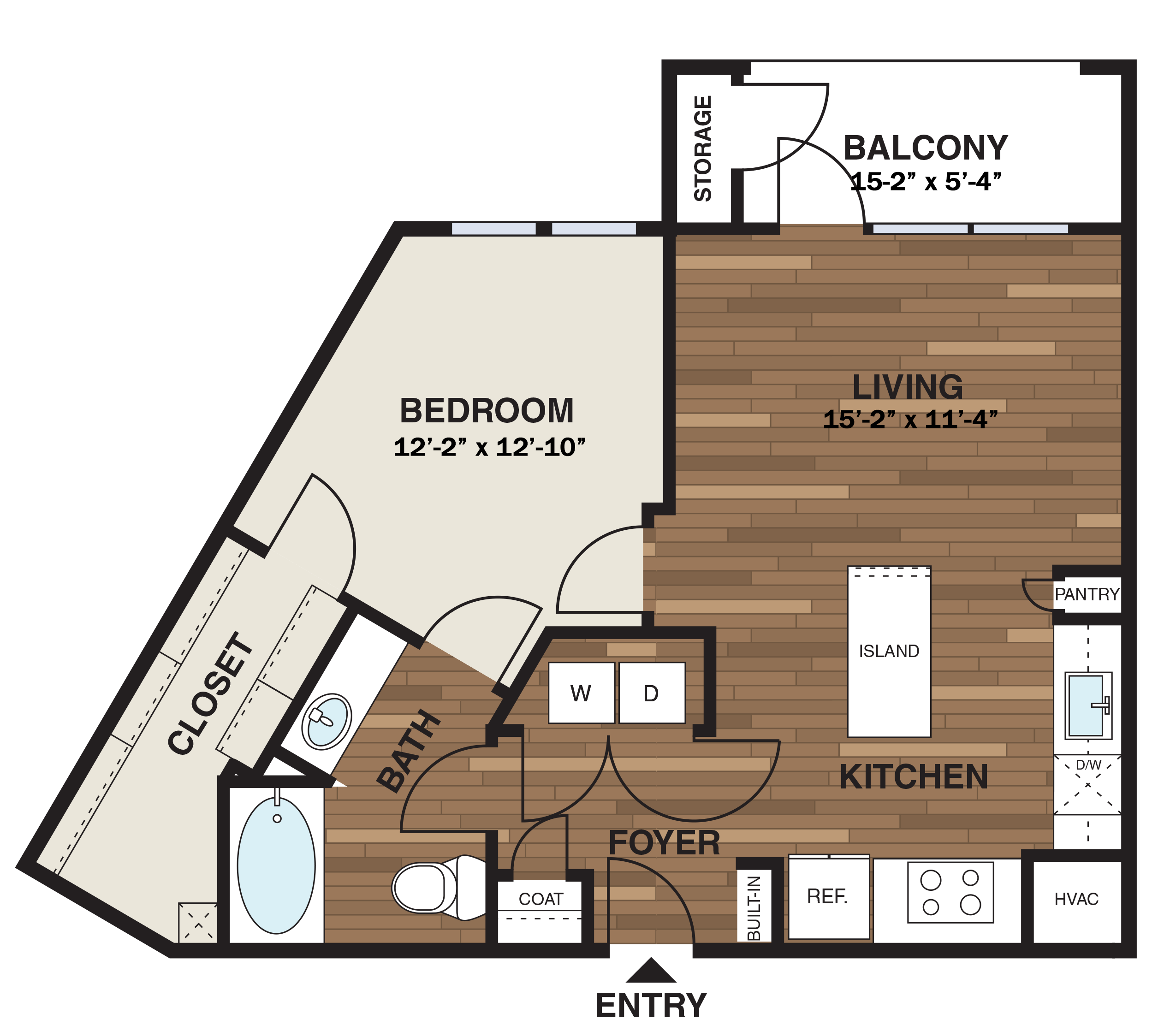 Floor plan for 1 bed, 1 bath, 785 sqft