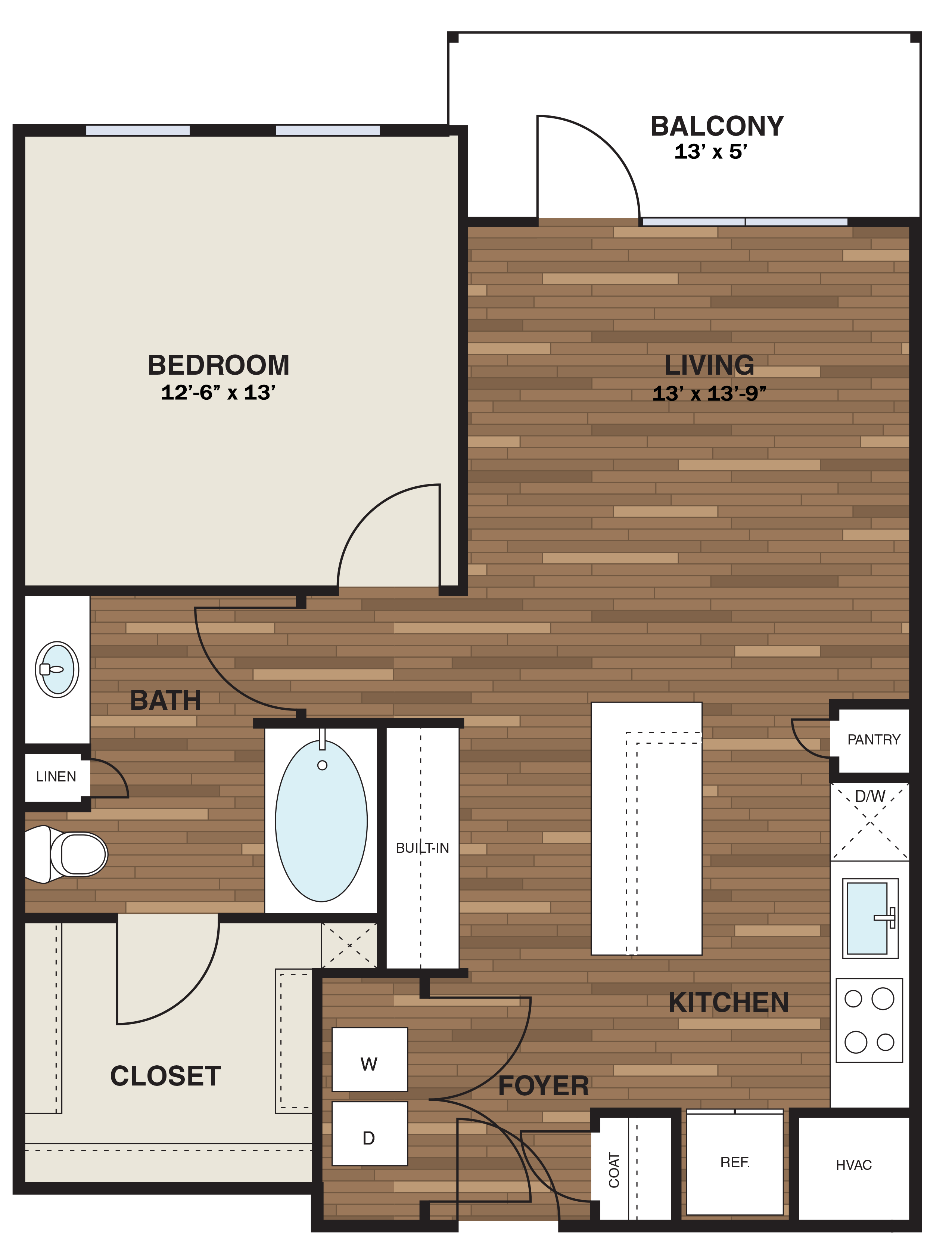 Floor plan for 1 bed, 1 bath, 799 sqft