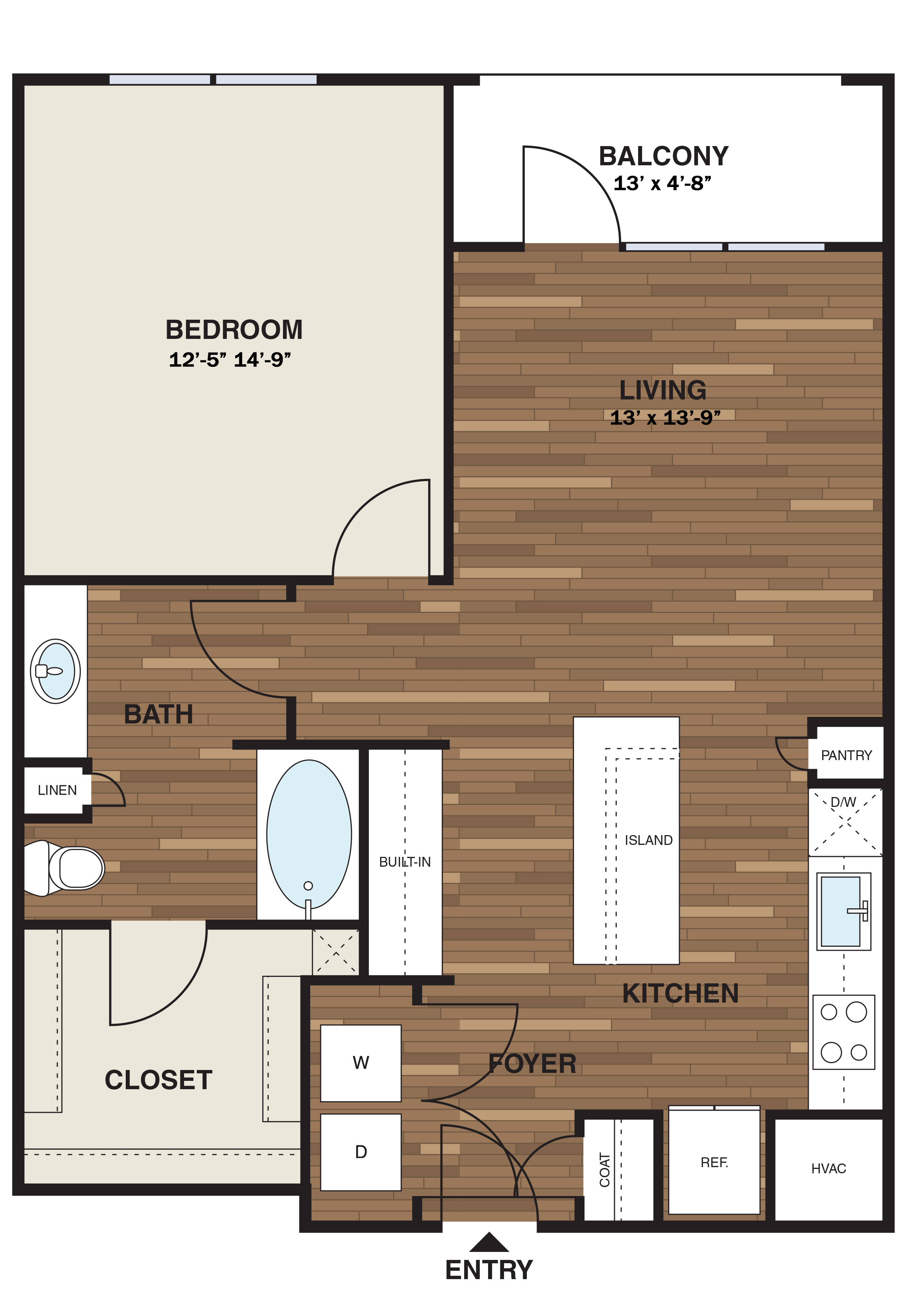 Floor plan for 1 bed, 1 bath, 832 sqft