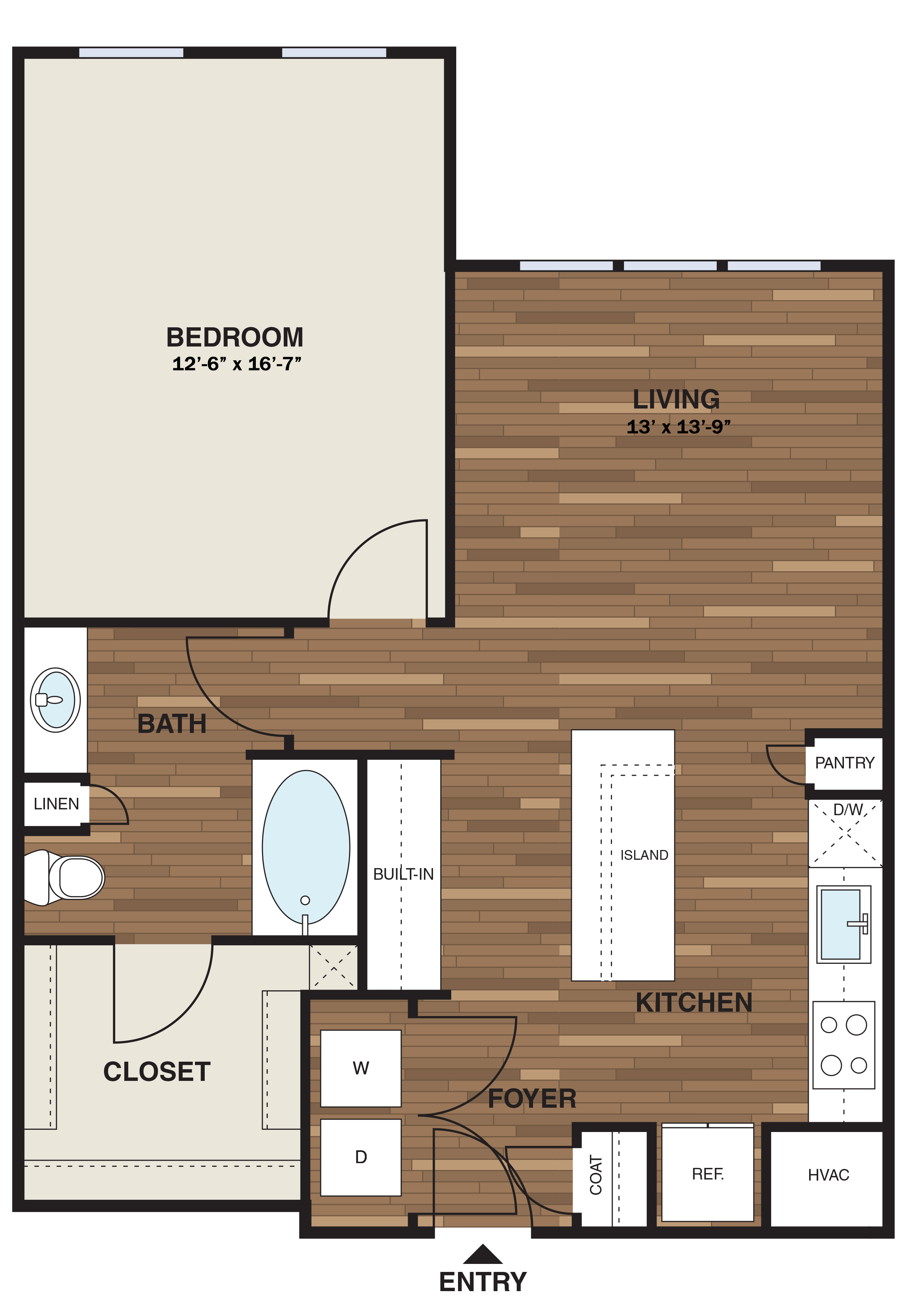 Floor plan for 1 bed, 1 bath, 846 sqft