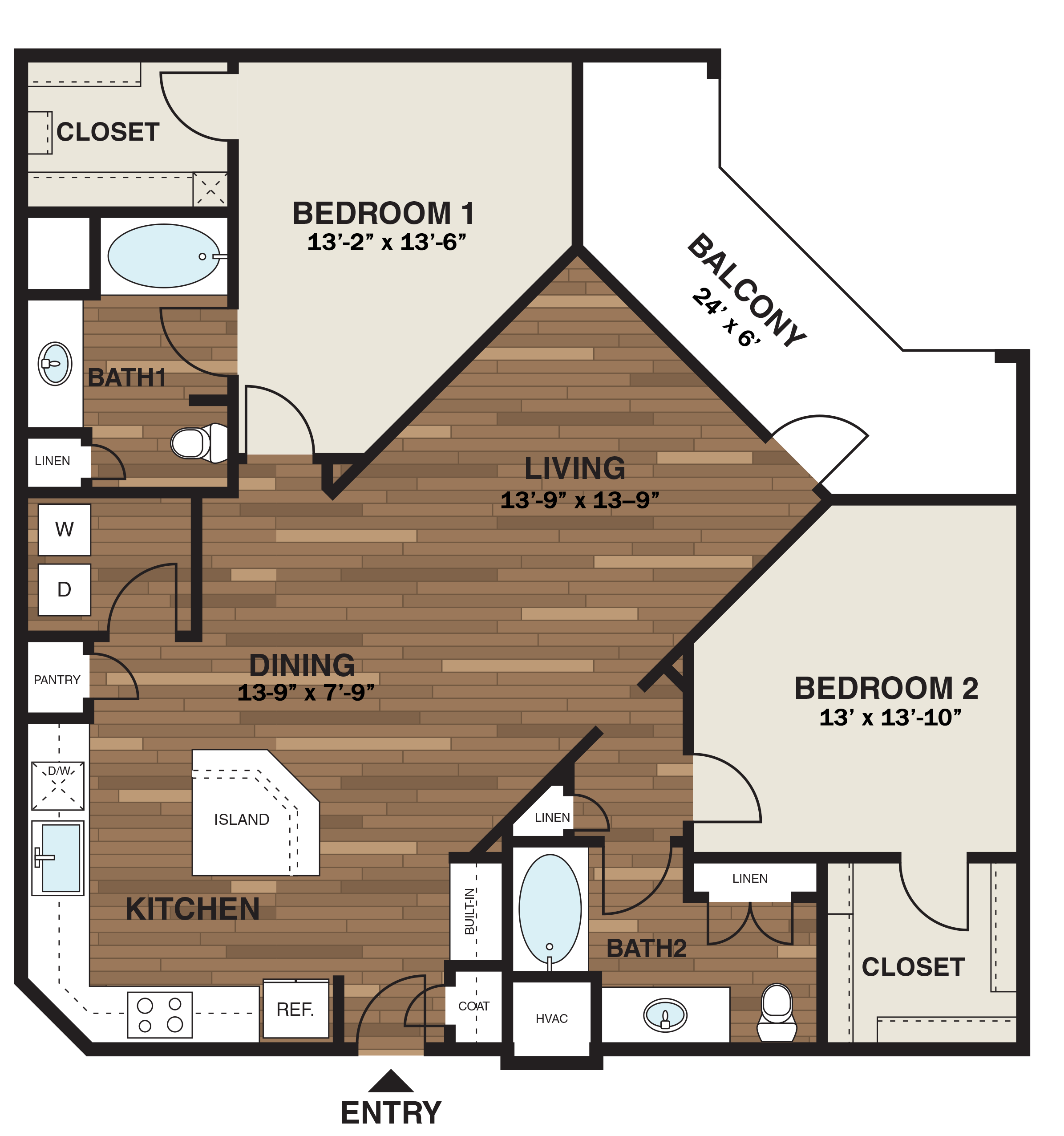 Floor plan for 2 beds, 2 baths, 1331 sqft