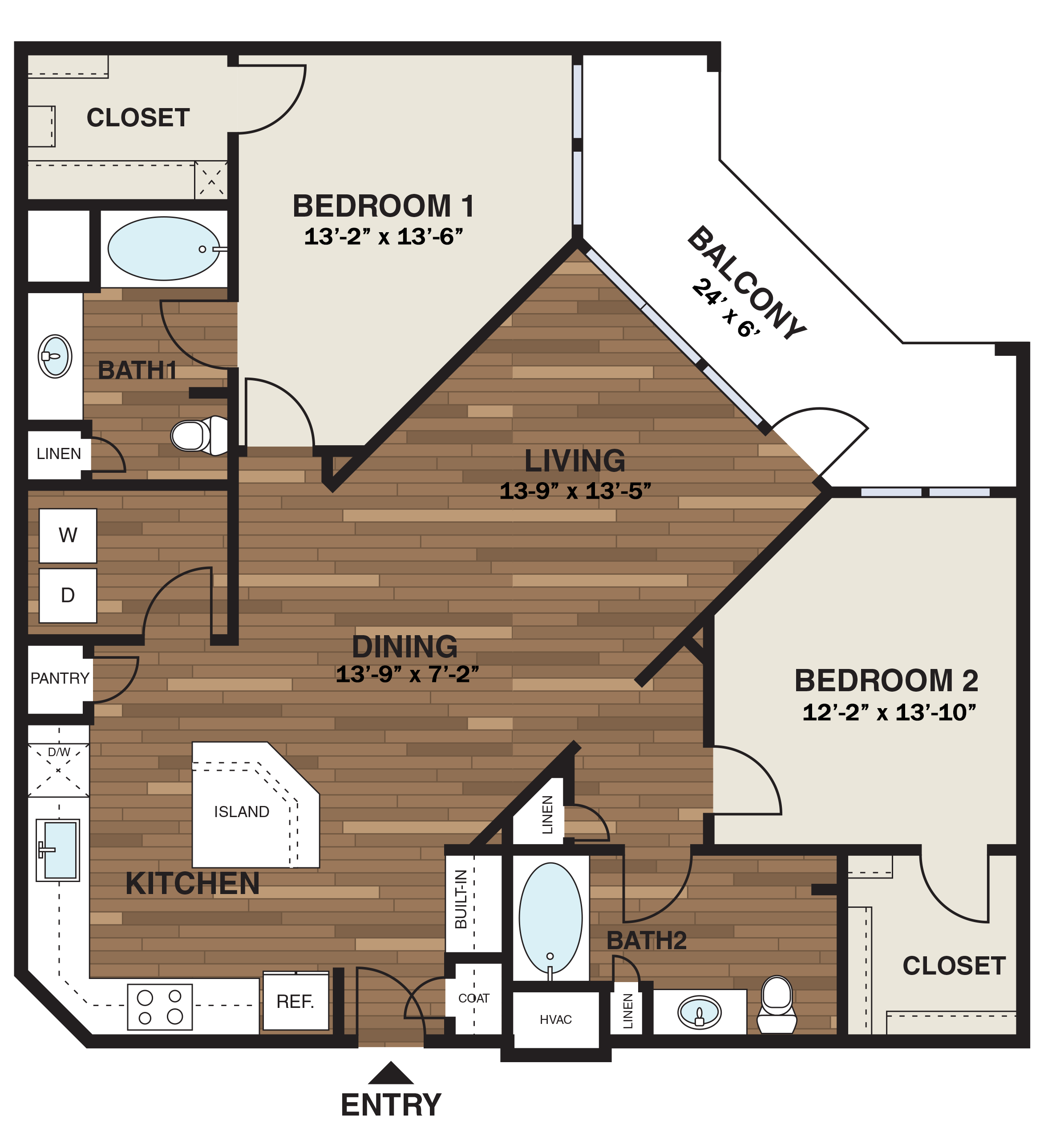 Floor plan for 2 beds, 2 baths, 1333 sqft