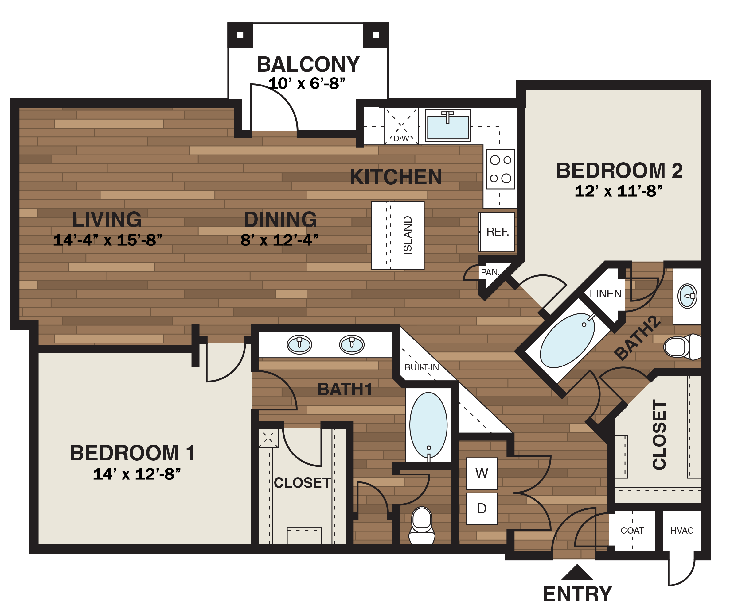 Floor plan for 2 beds, 2 baths, 1345 sqft