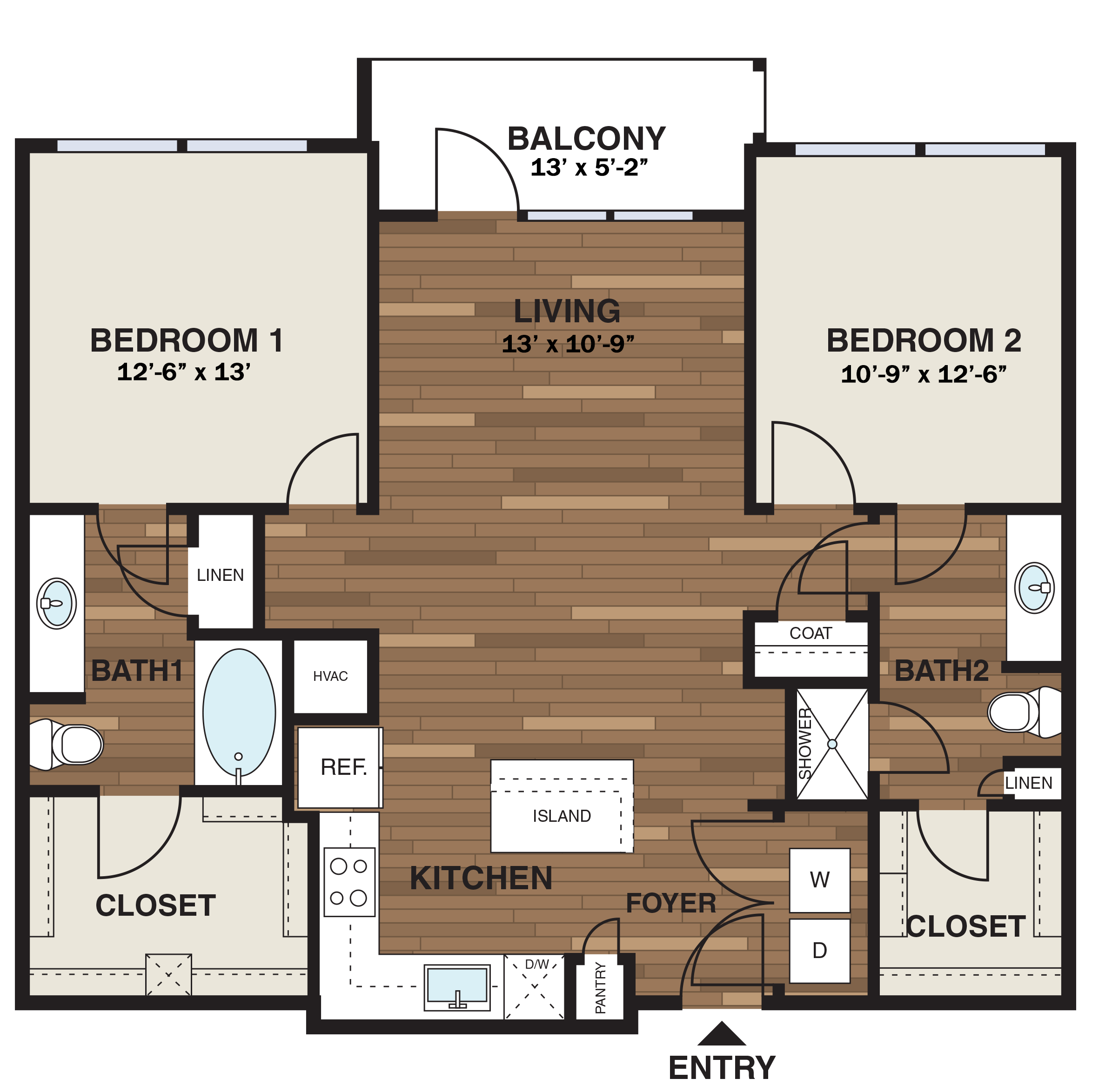 Floor plan for 2 beds, 2 baths, 1136 sqft