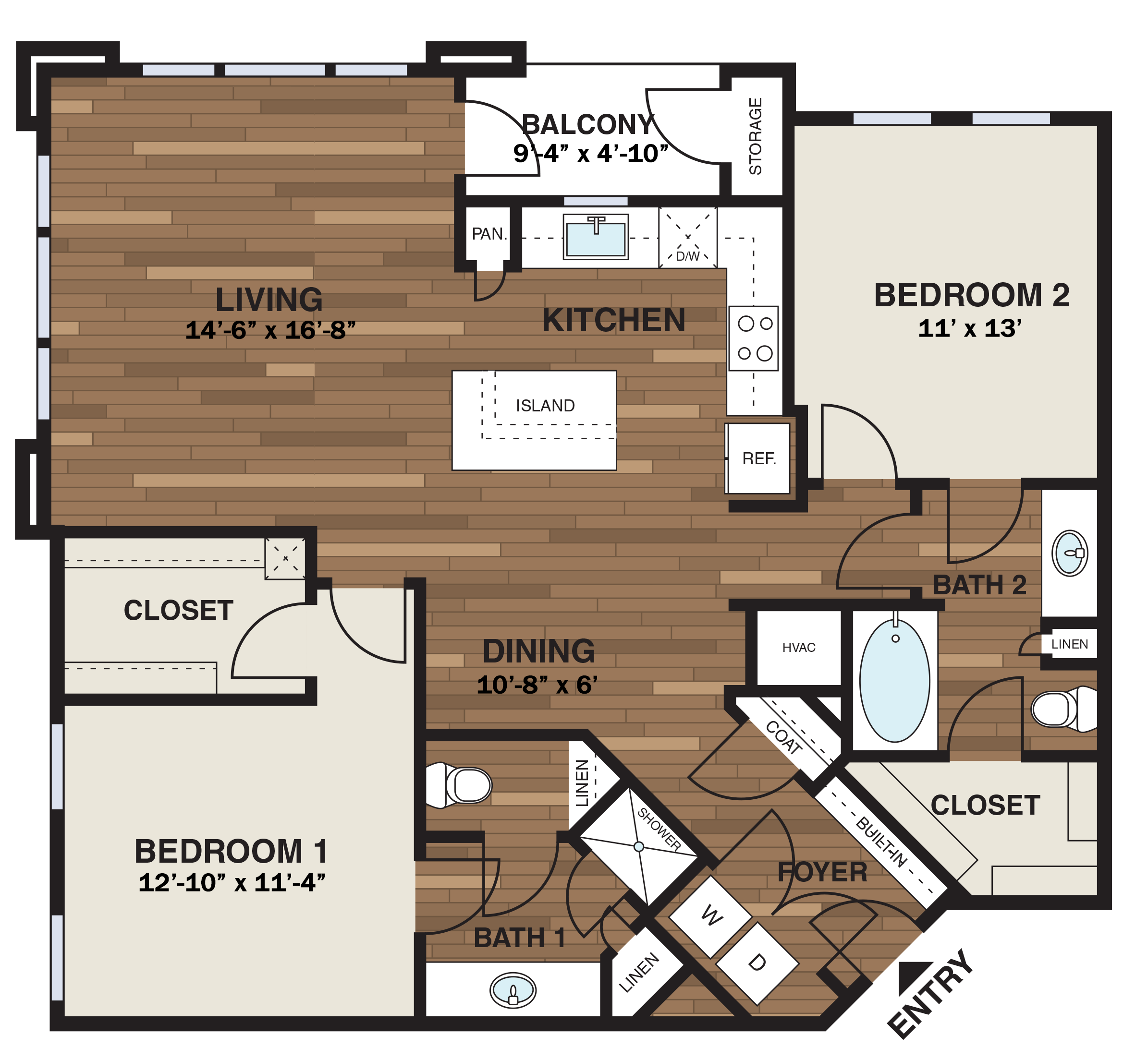 Floor plan for 2 beds, 2 baths, 1218 sqft