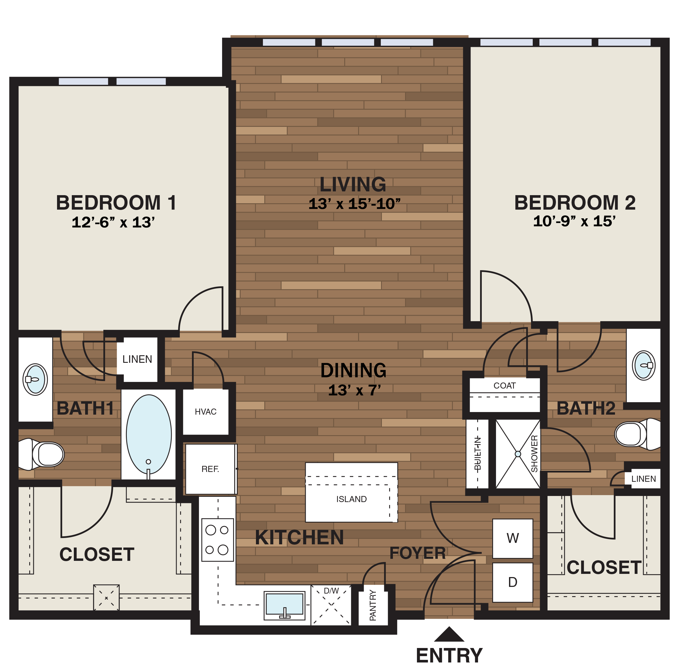 Floor plan for 2 beds, 2 baths, 1230 sqft