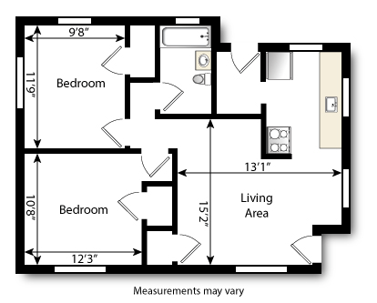 Floor plan for 2 beds, 1 bath, 650 sqft
