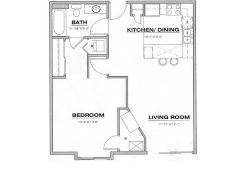 Floor plan for 1 bed, 1 bath, 755 sqft