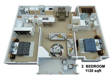 Floor plan for 2 beds, 2 baths, 1120 sqft