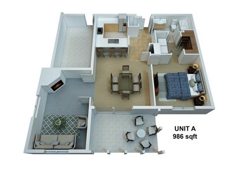 Floor plan for 1 bed, 1 bath, 895 sqft