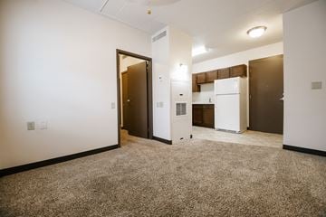 Mitchell apartment for rent - a renovated living room and kitchen with white walls and brown carpet