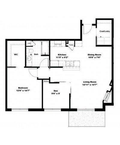 Floor plan for 1 bed, 1 bath, 1011 sqft
