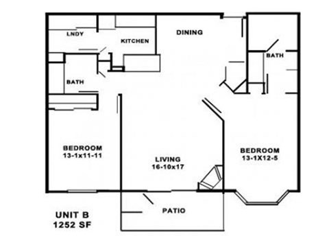 Floor plan for 2 beds, 2 baths, 1260 sqft