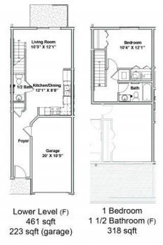 Floor plan for 1 bed, 1 bath, 843 sqft