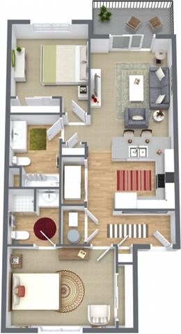 Floor plan for 2 beds, 2 baths, 913 sqft