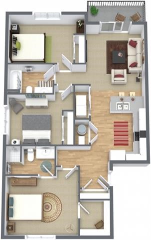 Floor plan for 3 beds, 2 baths, 1263 sqft