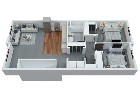 Floor plan for 2 beds, 1 bath, 991 sqft