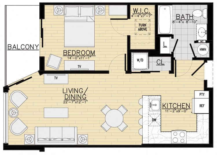 Floor plan for 1 bed, 1 bath, 740 sqft