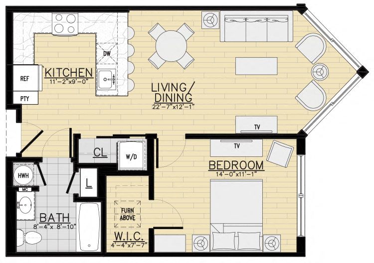 Floor plan for 1 bed, 1 bath, 715 sqft