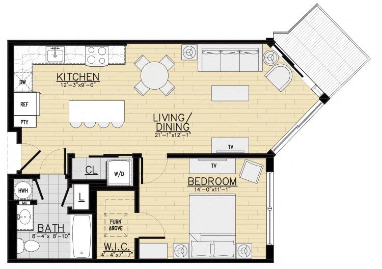 Floor plan for 1 bed, 1 bath, 715 sqft