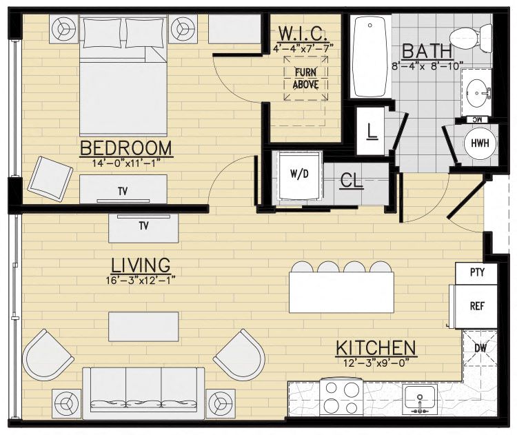Floor plan for 1 bed, 1 bath, 680 sqft