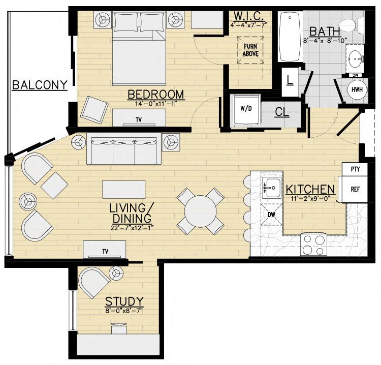 Floor plan for 1 bed, 1 bath, 825 sqft