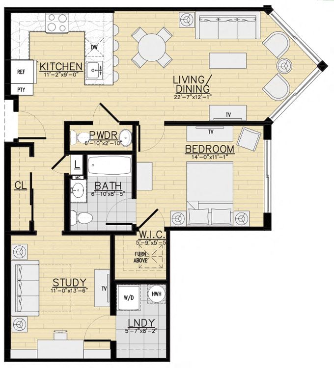 Floor plan for 1 bed, 1.5 baths, 965 sqft