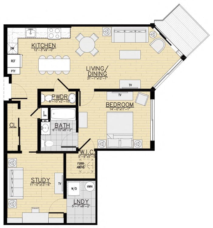 Floor plan for 1 bed, 1.5 baths, 965 sqft