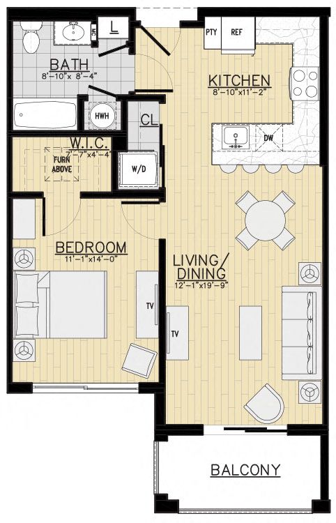 Floor plan for 1 bed, 1 bath, 720 sqft