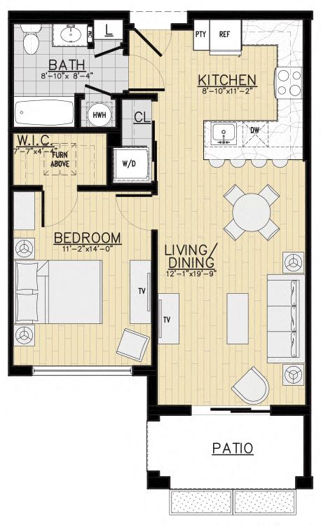 Floor plan for 1 bed, 1 bath, 720 sqft