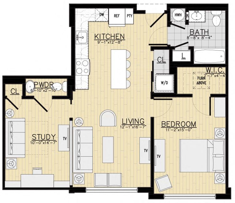 Floor plan for 1 bed, 1.5 baths, 865 sqft
