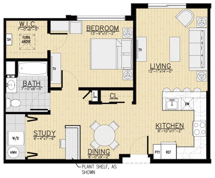 Floor plan for 1 bed, 1 bath, 825 sqft