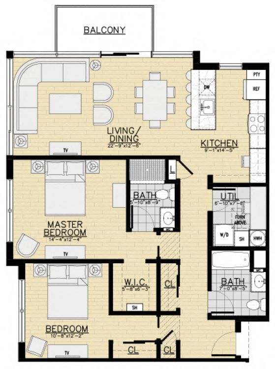 Floor plan for 2 beds, 2 baths, 1205 sqft