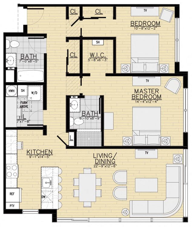 Floor plan for 2 beds, 2 baths, 1205 sqft