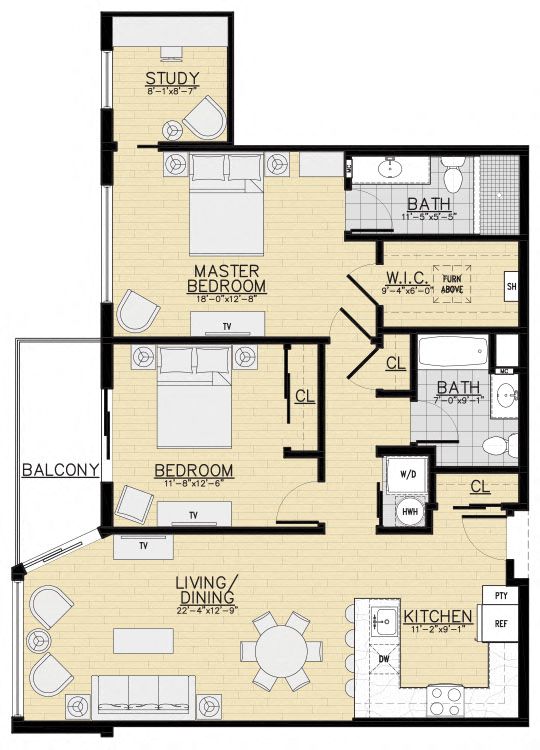 Floor plan for 2 beds, 2 baths, 1255 sqft