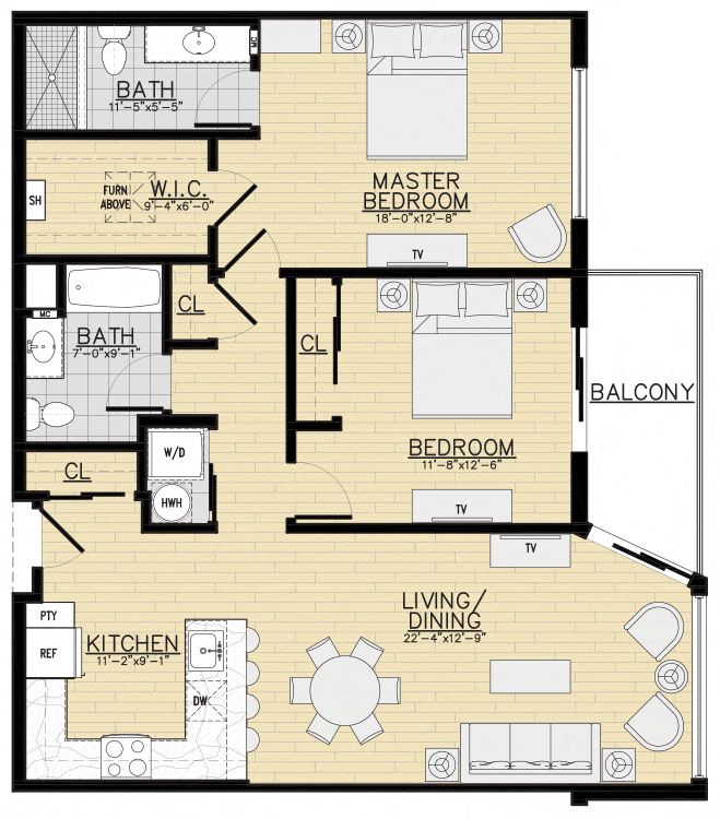 Floor plan for 2 beds, 2 baths, 1175 sqft