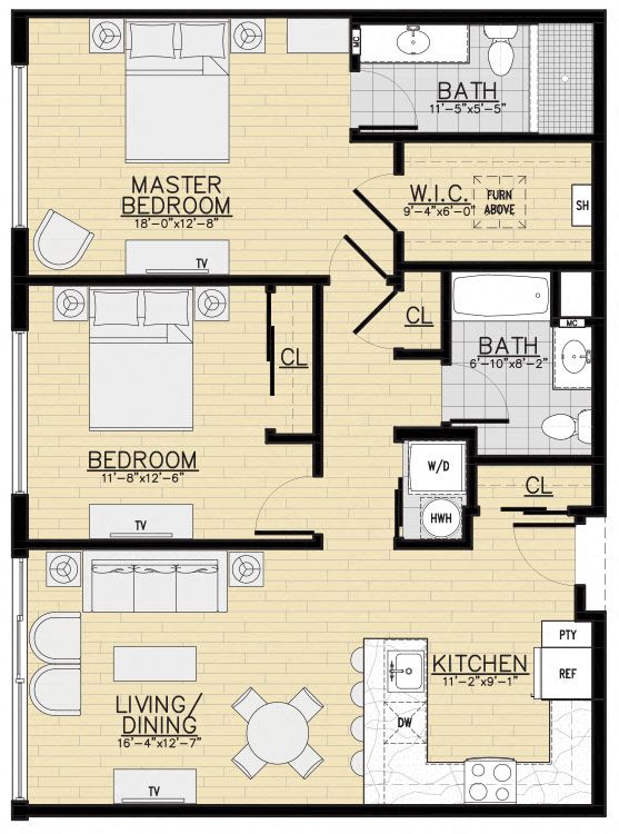 Floor plan for 2 beds, 2 baths, 1105 sqft