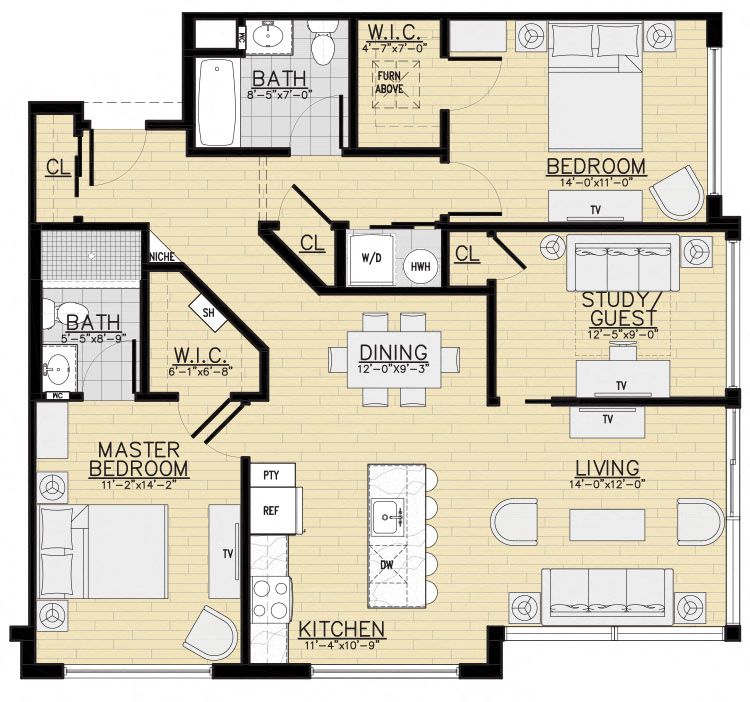 Floor plan for 3 beds, 2 baths, 1245 sqft