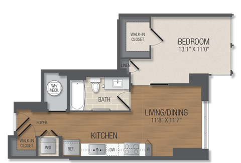 Floor plan for 1 bed, 1 bath, 600 sqft