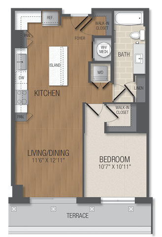 Floor plan for 1 bed, 1 bath, 748 sqft