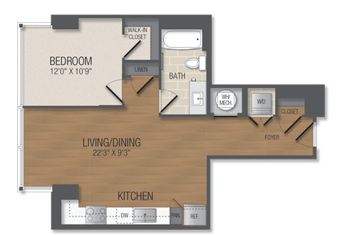 Floor plan for 1 bed, 1 bath, 671 sqft