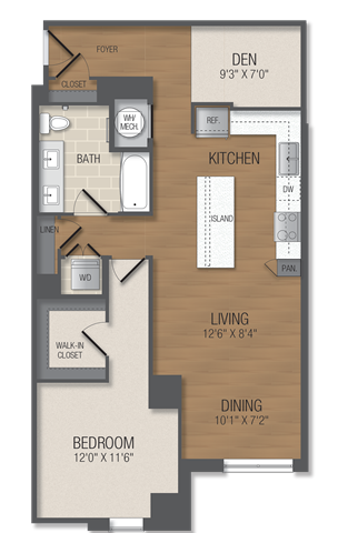 Floor plan for 1 bed, 1 bath, 938 sqft