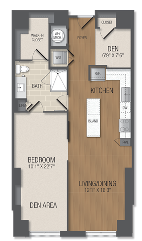 Floor plan for 1 bed, 1 bath, 976 sqft