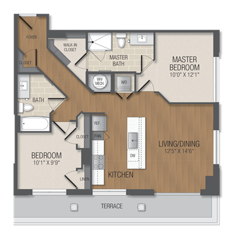 Floor plan for 2 beds, 2 baths, 1005 sqft