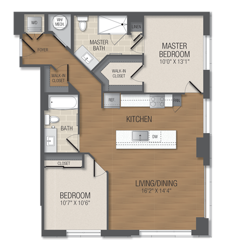 Floor plan for 2 beds, 2 baths, 1103 sqft